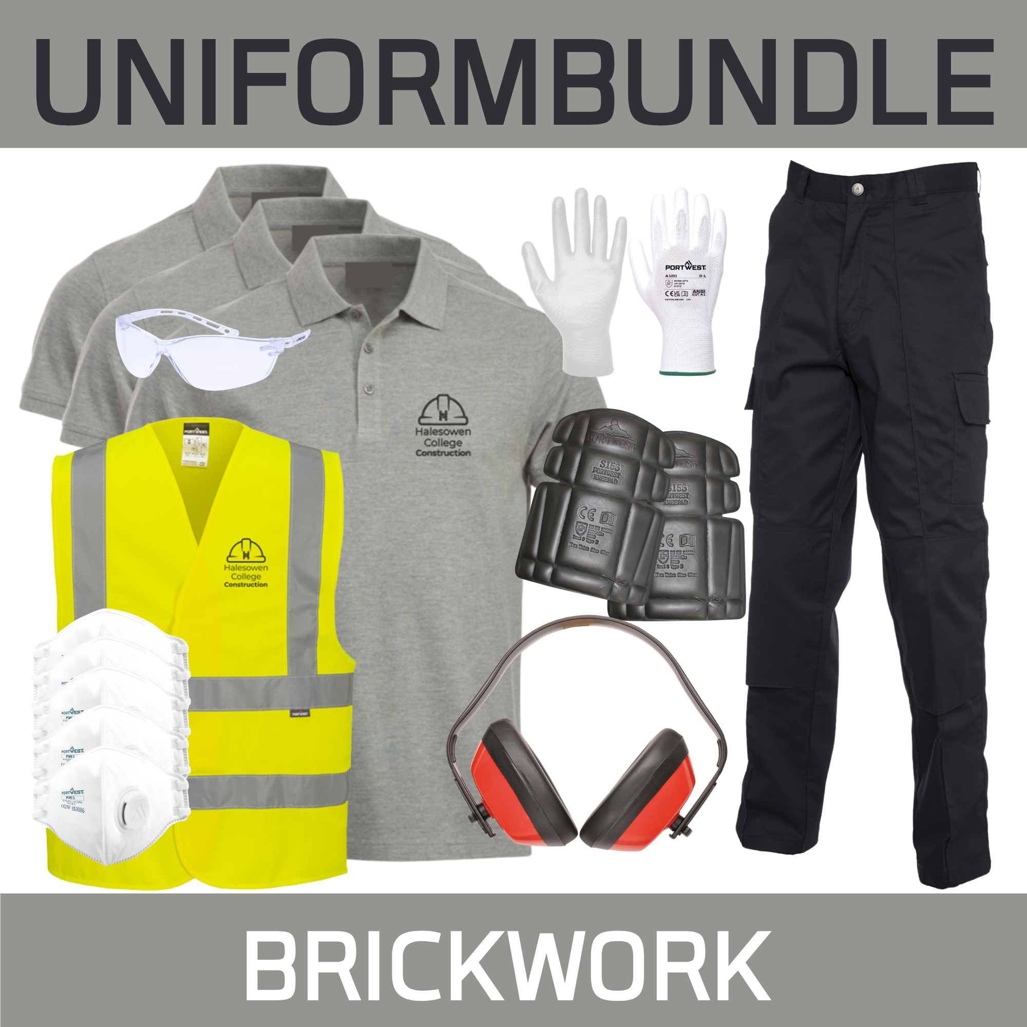 3 Poloshirts, 1 Hi Viz, 2 Pair Gloves, 2 Pair Goggles, 5 Masks, Ear Defenders, 2 Work Trousers & Knee Pads