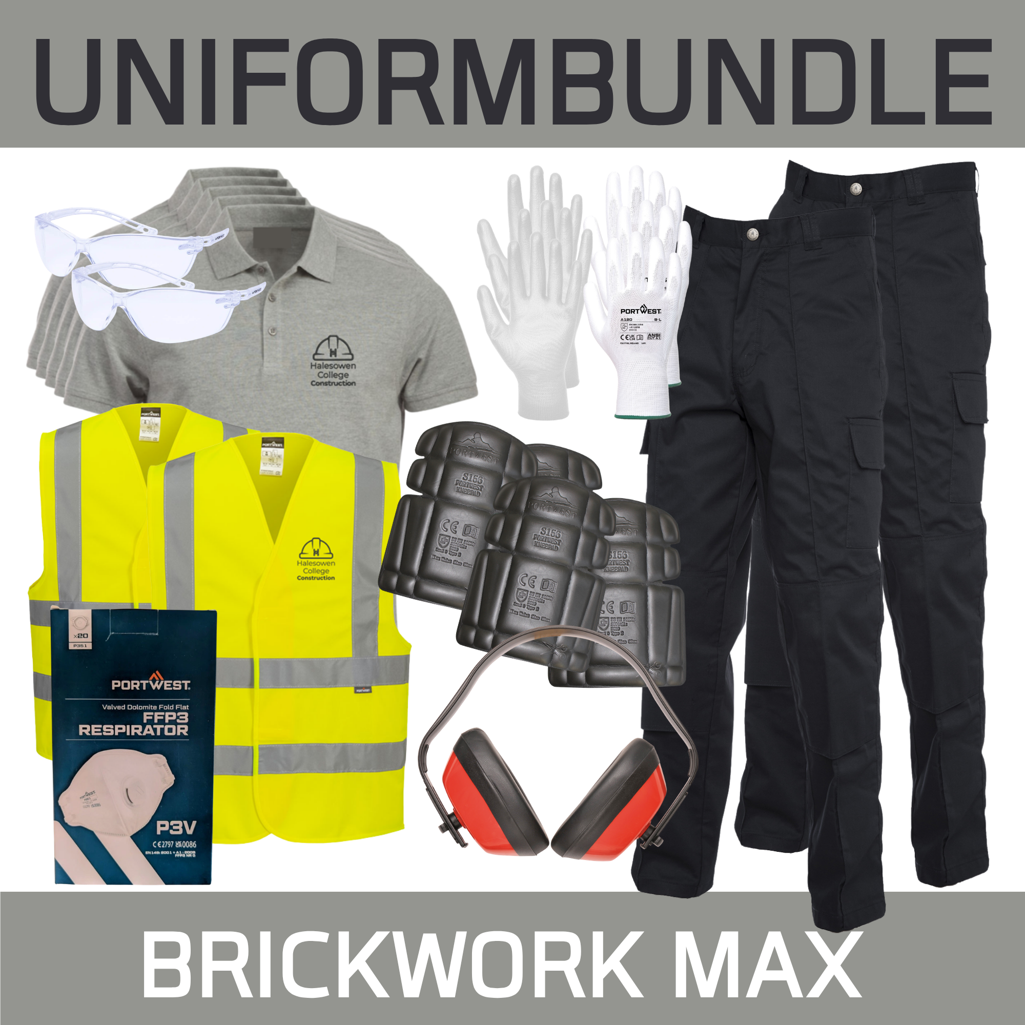 5 Poloshirts, 2 Hi Viz, 3 Pair Gloves, 2 Pair Goggles, 20 Masks, Ear Defenders, 2 Work Trousers & 2 Knee Pads