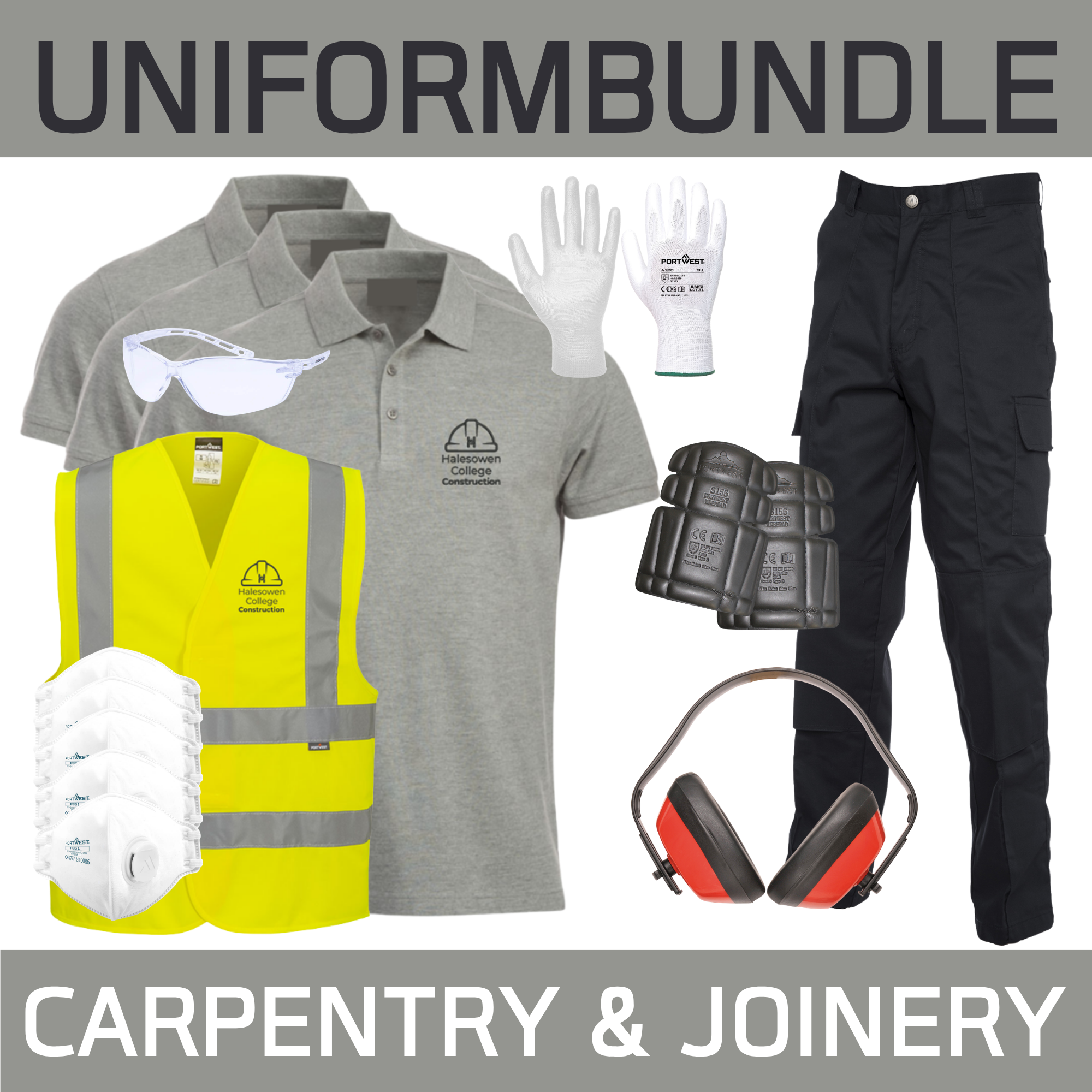 3 Poloshirts, 1 Hi Viz, 2 Pair Gloves, 2 Pair Goggles, 5 Masks, Ear Defenders, 2 Work Trousers & Knee Pads