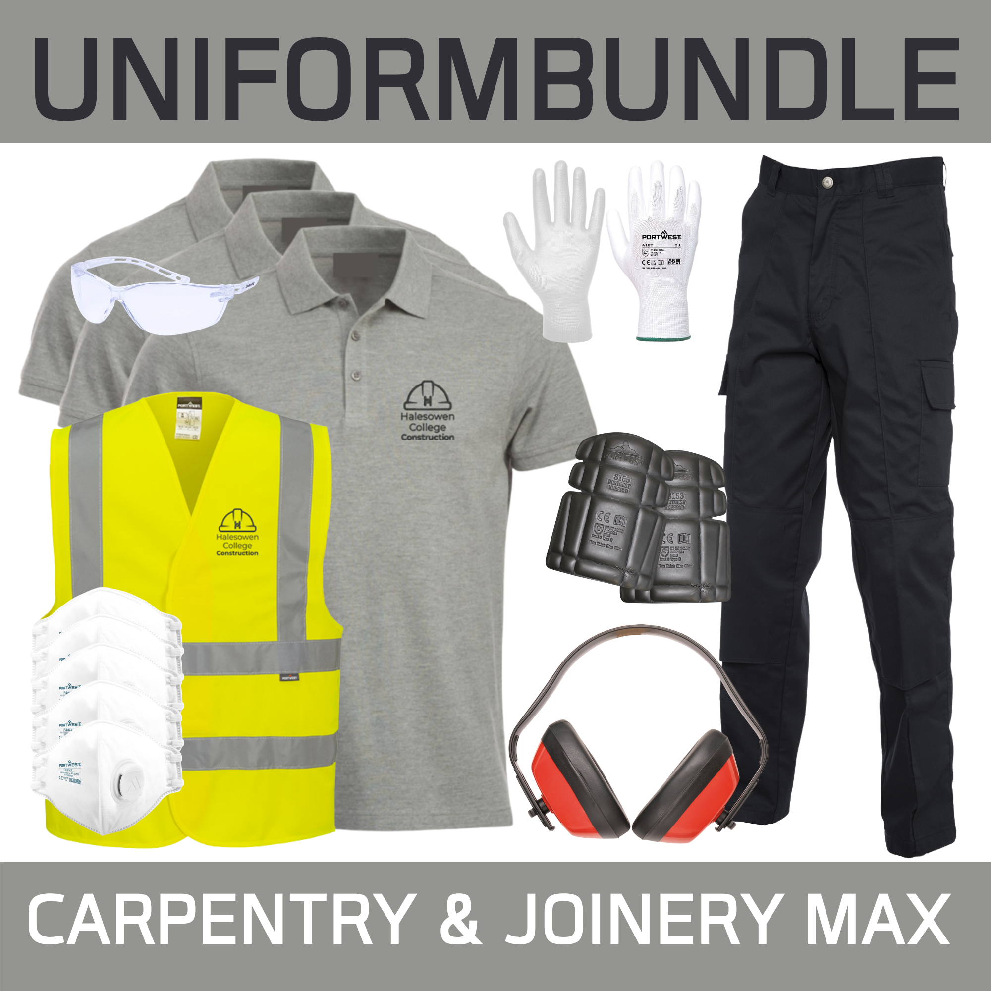 5 Poloshirts, 2 Hi Viz, 3 Pair Gloves, 2 Pair Goggles, 20 Masks, Ear Defenders, 2 Work Trousers & 2 Knee Pads