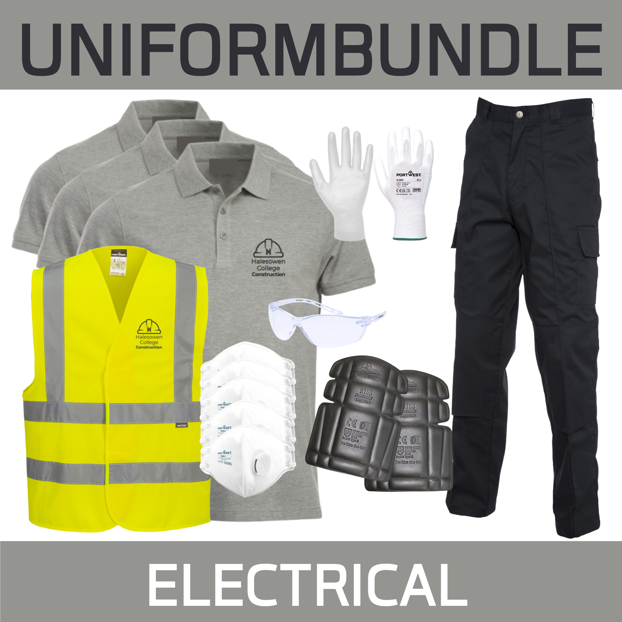 3 Poloshirts, 1 Hi Viz, 2 Pair Gloves, 2 Pair Goggles, 5 Masks, 2 Work Trousers & Knee Pads