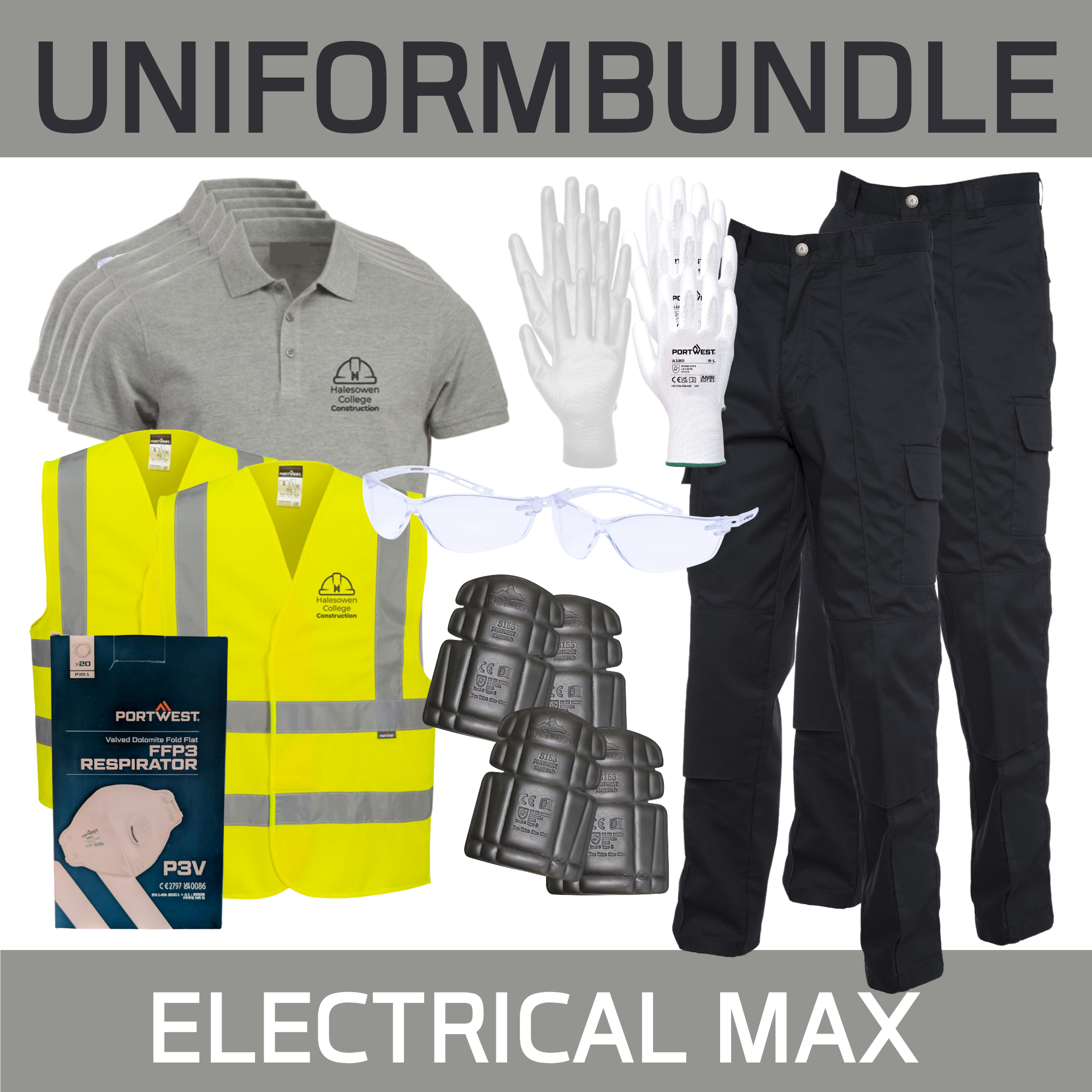 5 Poloshirts, 2 Hi Viz, 3 Pair Gloves, 2 Pair Goggles, 20 Masks, 2 Work Trousers & 2 Knee Pads