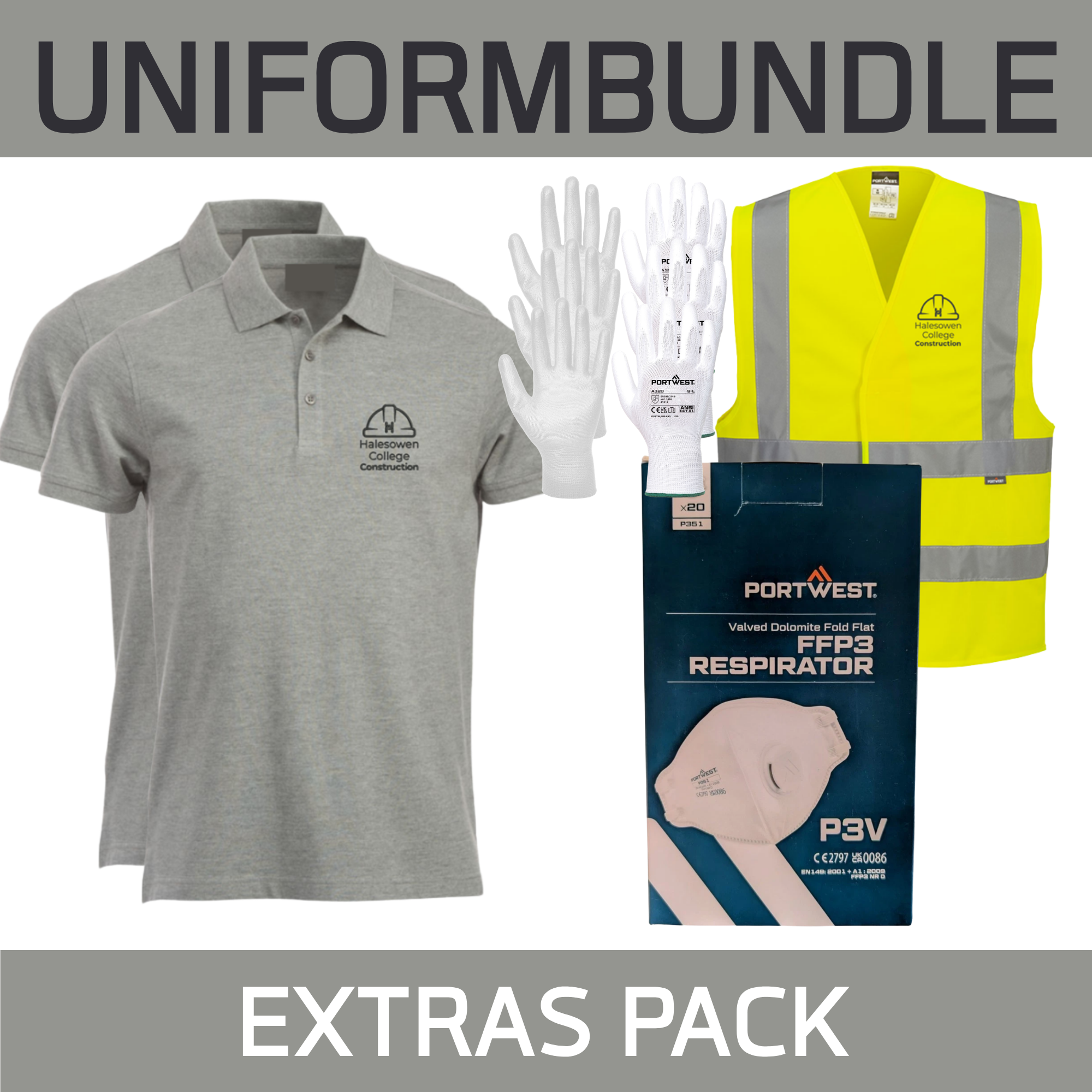 2 Poloshirts, 1 Hi Viz, 3 Pair Gloves,  Box 20 Masks, Ear Defenders