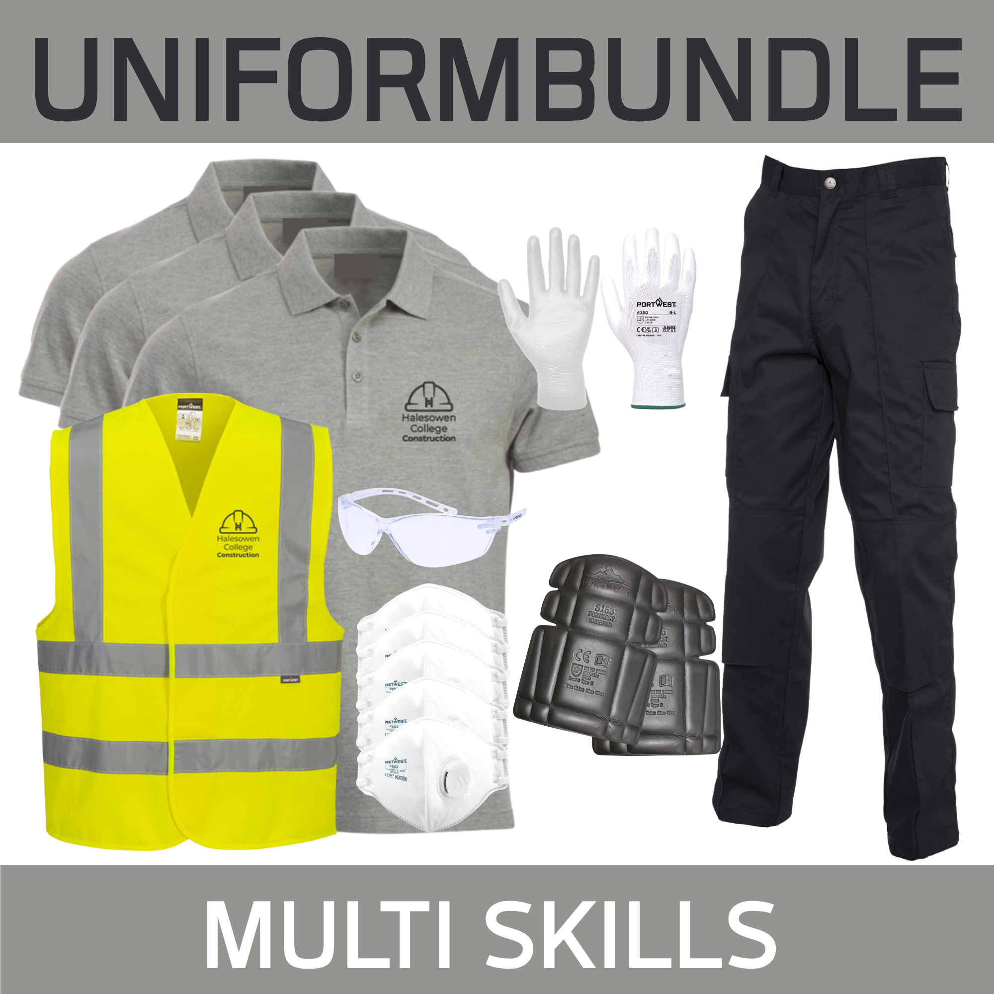 3 Poloshirts, 1 Hi Viz, 2 Pair Gloves, 2 Pair Goggles, 5 Masks, 2 Work Trousers & Knee Pads