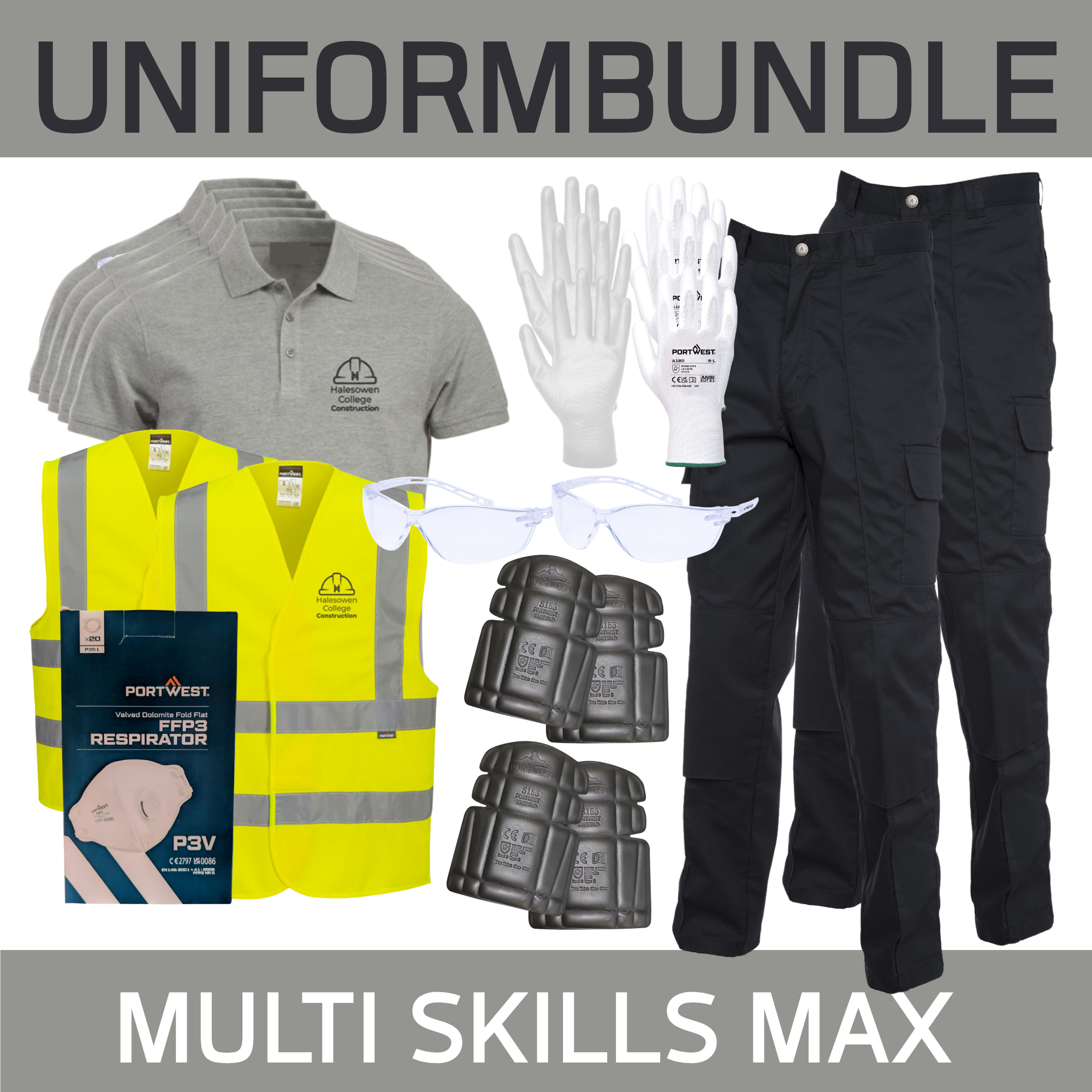 5 Poloshirts, 2 Hi Viz, 3 Pair Gloves, 2 Pair Goggles, 20 Masks, 2 Work Trousers & 2 Knee Pads