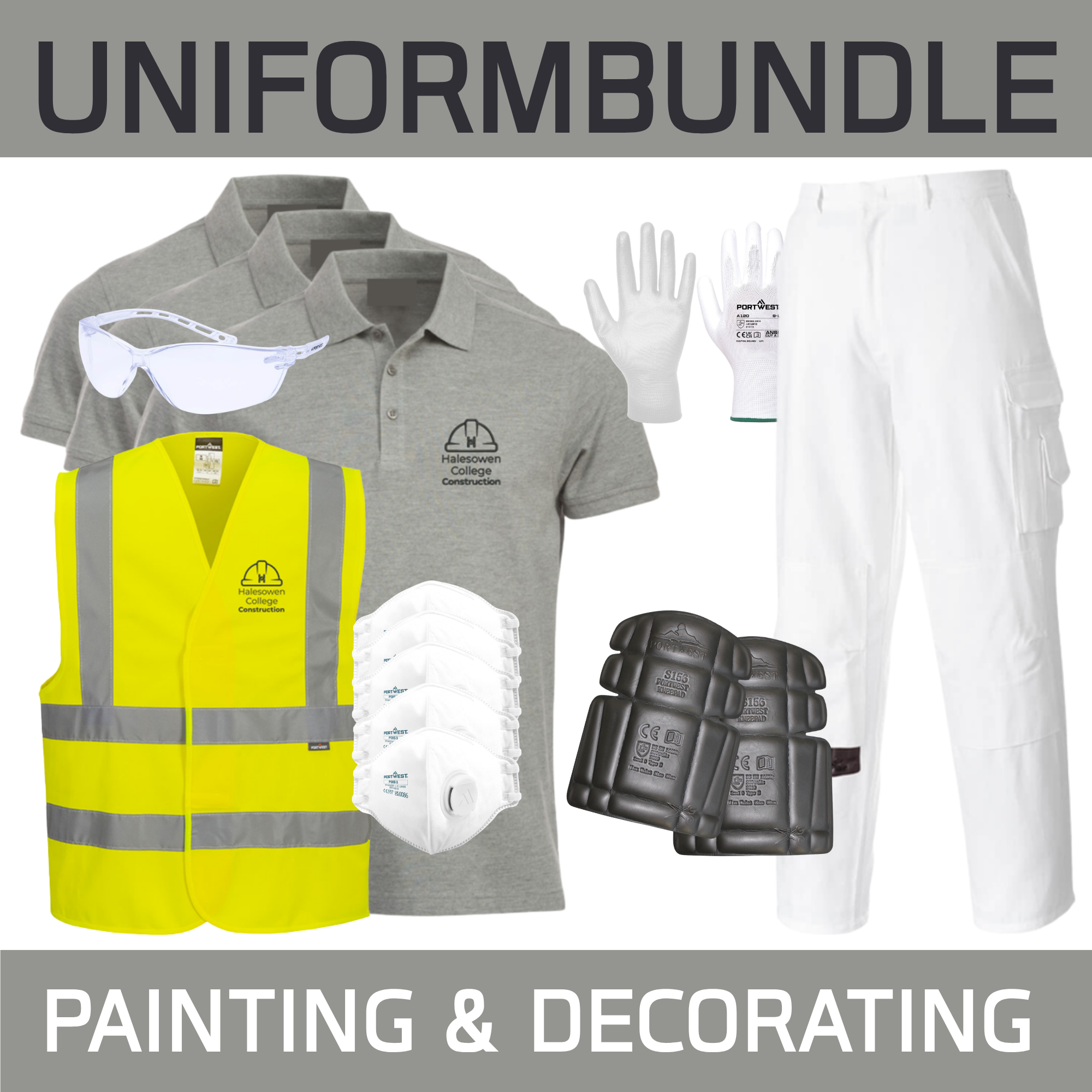 3 Poloshirts, 1 Hi Viz, 2 Pair Gloves, 2 Pair Goggles, 5 Masks, 2 Painters Trousers & Knee Pads