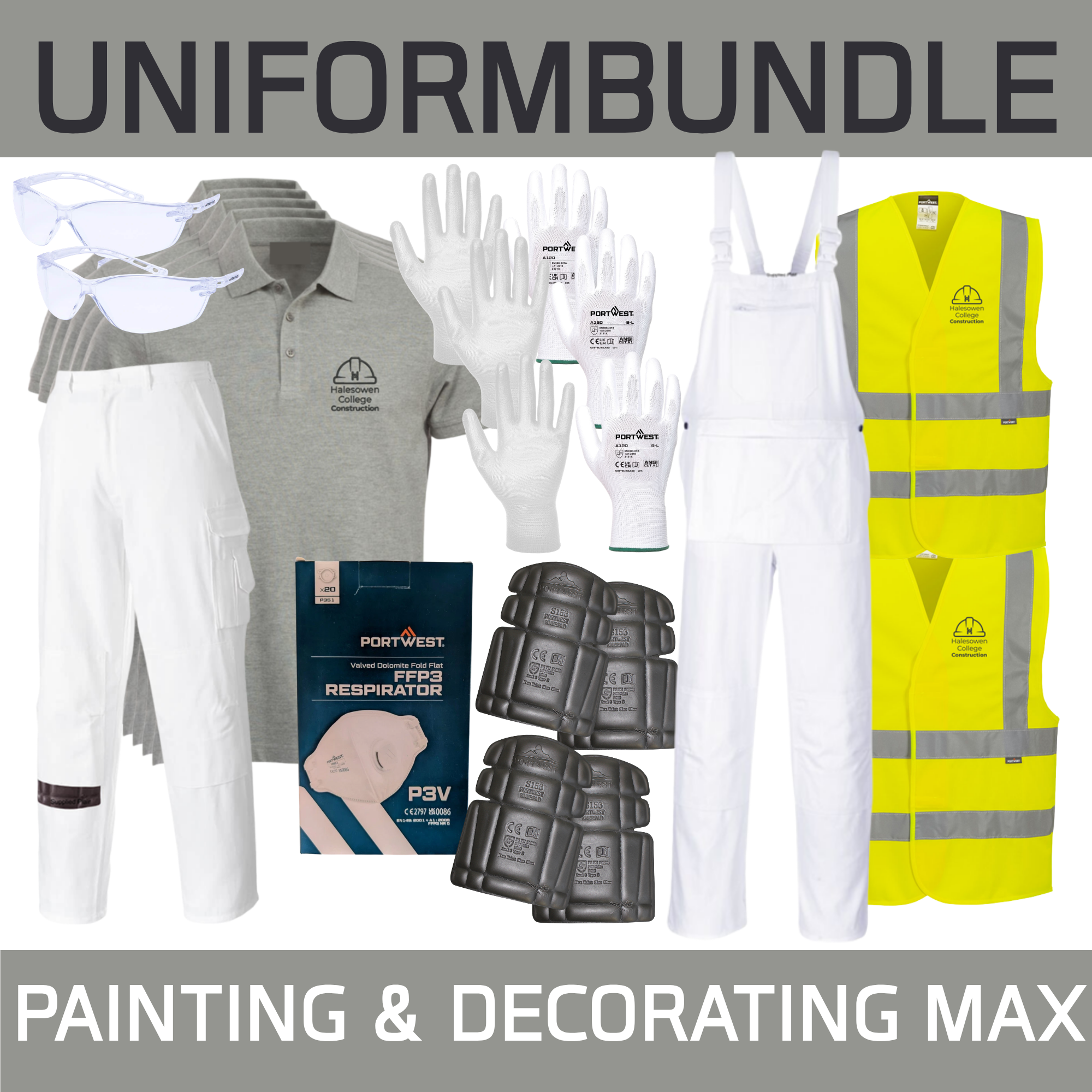 5 Poloshirts, 2 Hi Viz, 3 Pair Gloves, 2 Pair Goggles, 20 Masks, Painters Trousers & Overall 2 Knee Pads