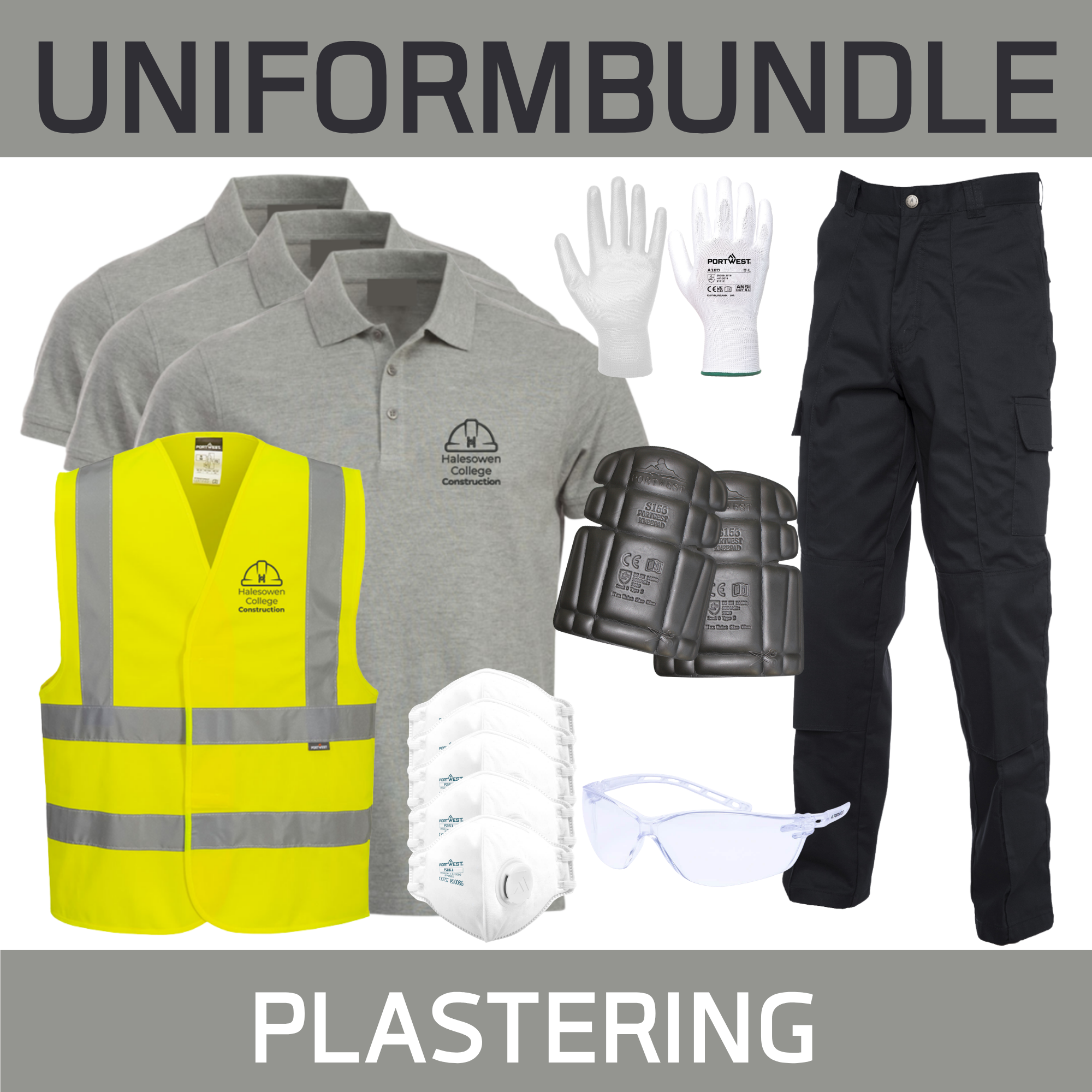 3 Poloshirts, 1 Hi Viz, 2 Pair Gloves, 2 Pair Goggles, 5 Masks, 2 Work Trousers & Knee Pads