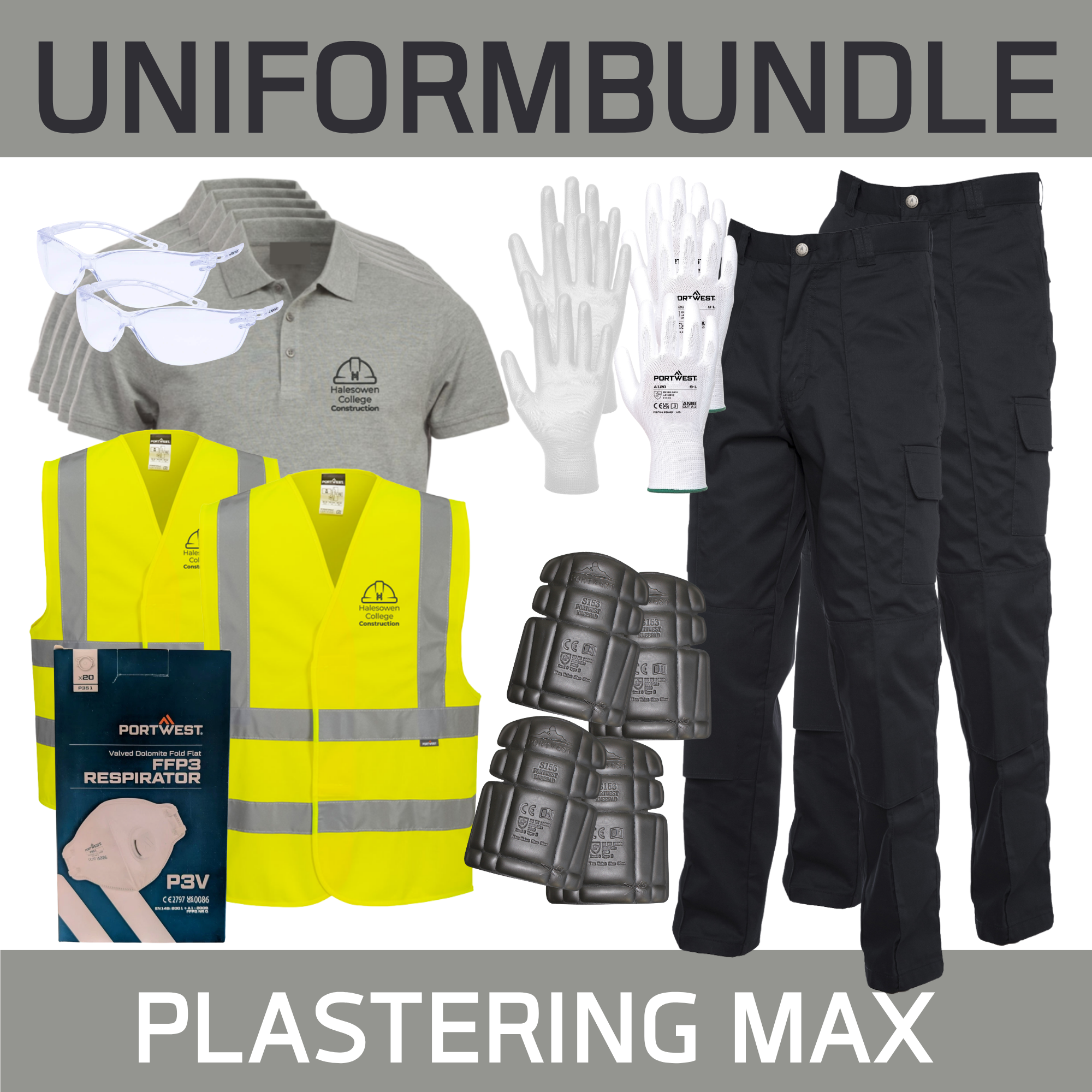 5 Poloshirts, 2 Hi Viz, 3 Pair Gloves, 2 Pair Goggles, 20 Masks, 2 Work Trousers & 2 Knee Pads